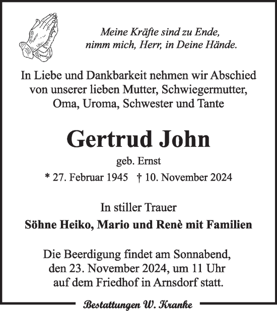 Traueranzeige von Gertrud John von WochenKurier