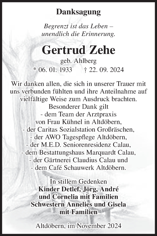 Traueranzeige von Gertrud Zehe von WochenKurier