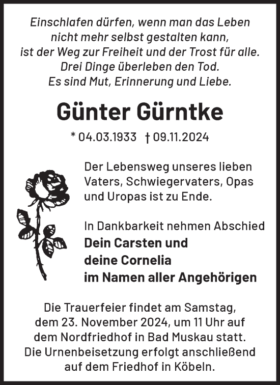 Traueranzeige von Günter Gürntke von WochenKurier