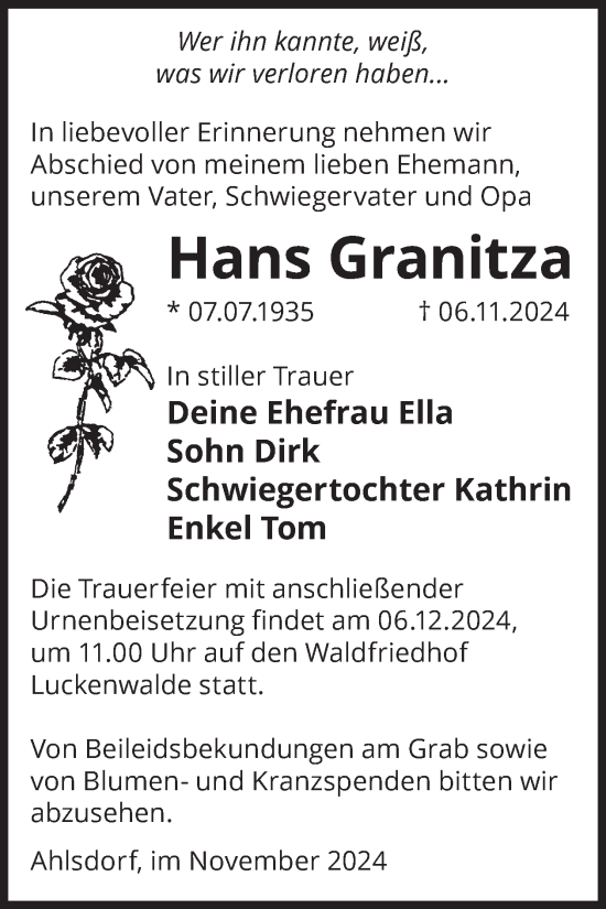 Traueranzeige von Hans Granitza von WochenKurier