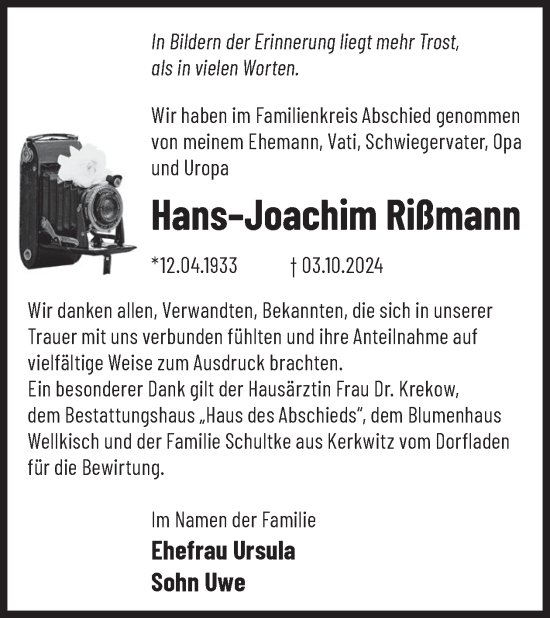 Traueranzeige von Hans-Joachim Rißmann von WochenKurier