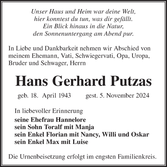 Traueranzeige von Hans Gerhard Putzas von WochenKurier