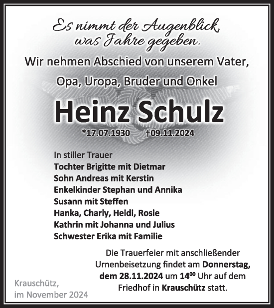 Traueranzeige von Heinz Schulz von WochenKurier