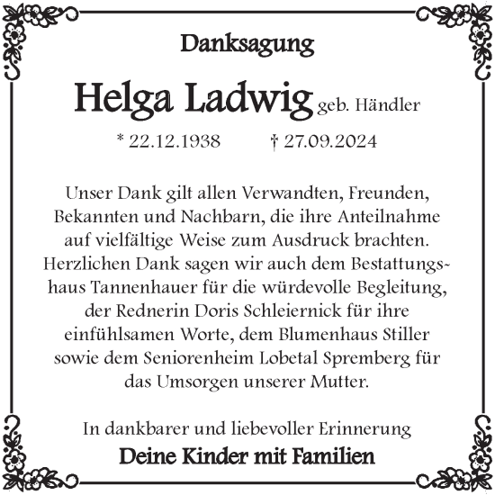 Traueranzeige von Helga Ladwig von WochenKurier