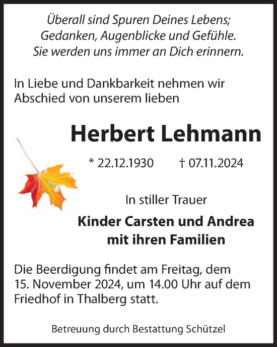 Traueranzeige von Herbert Lehmann von WochenKurier