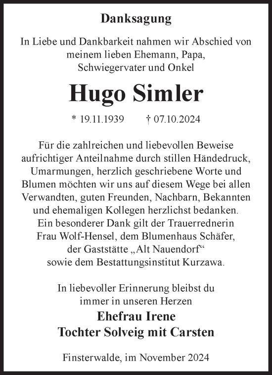 Traueranzeige von Hugo Simler von WochenKurier