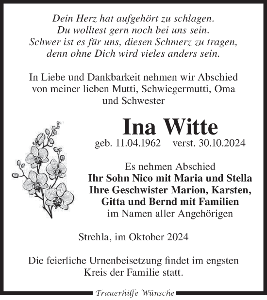 Traueranzeige von Ina Witte von WochenKurier