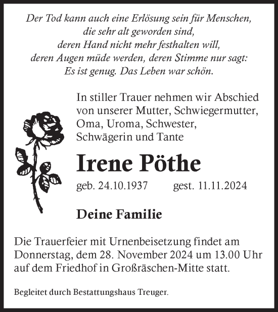 Traueranzeige von Irene Pöthe von WochenKurier