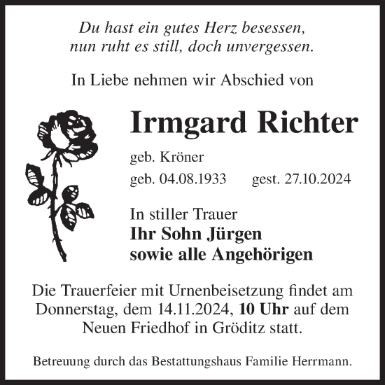 Traueranzeige von Irmgard Richter von WochenKurier