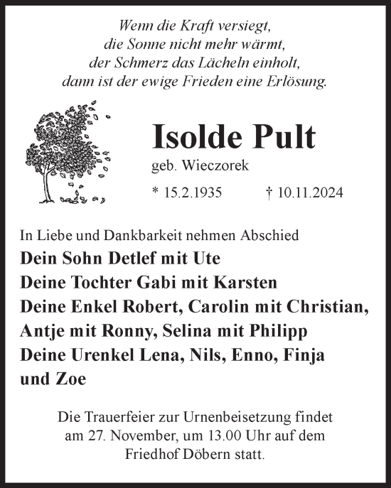 Traueranzeige von Isolde Pult von WochenKurier