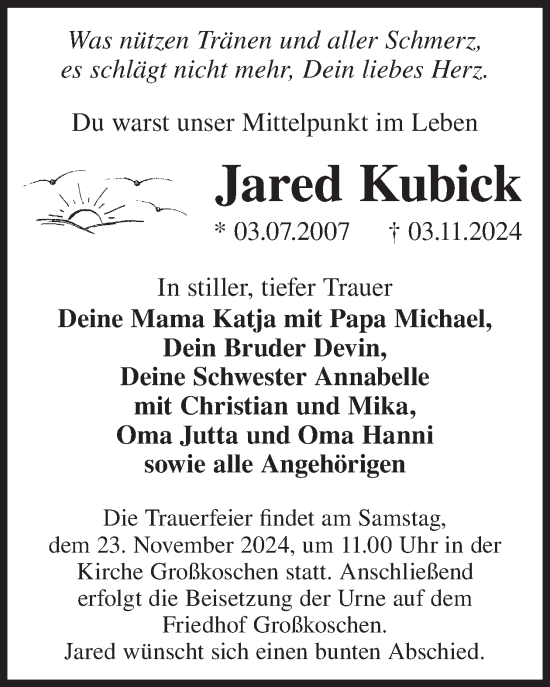 Traueranzeige von Jared Kubick von WochenKurier