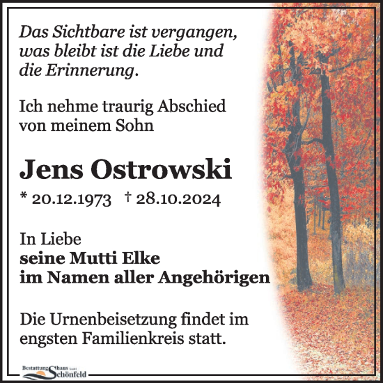 Traueranzeige von Jens Ostrowski von WochenKurier