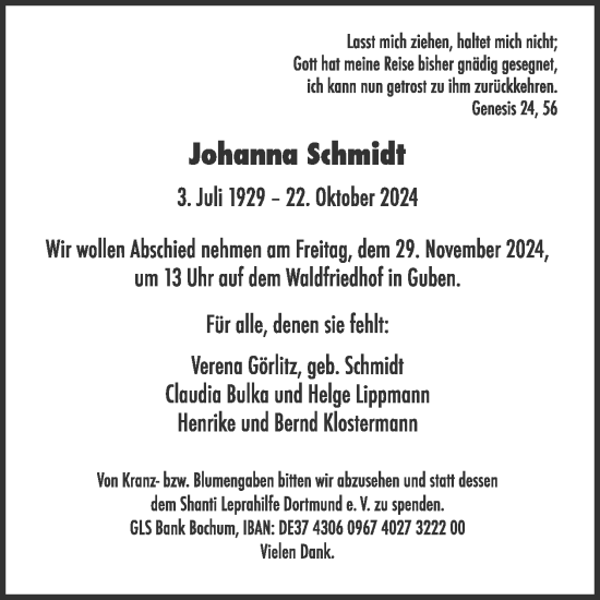 Traueranzeige von Johanna Schmidt von WochenKurier