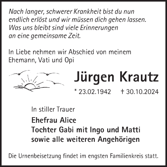 Traueranzeige von Jürgen Krautz von WochenKurier