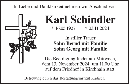 Traueranzeige von Karl Schindler von WochenKurier