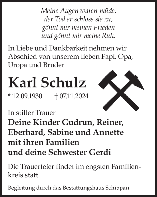 Traueranzeige von Karl Schulz von WochenKurier