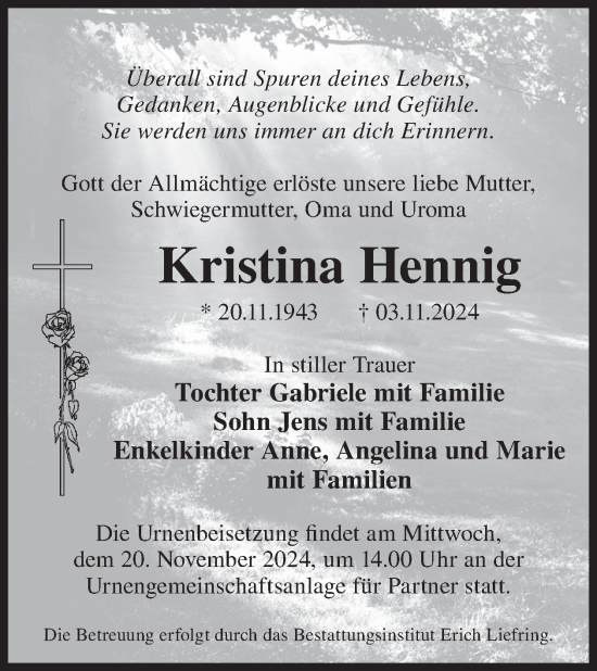 Traueranzeige von Kristina Hennig von WochenKurier