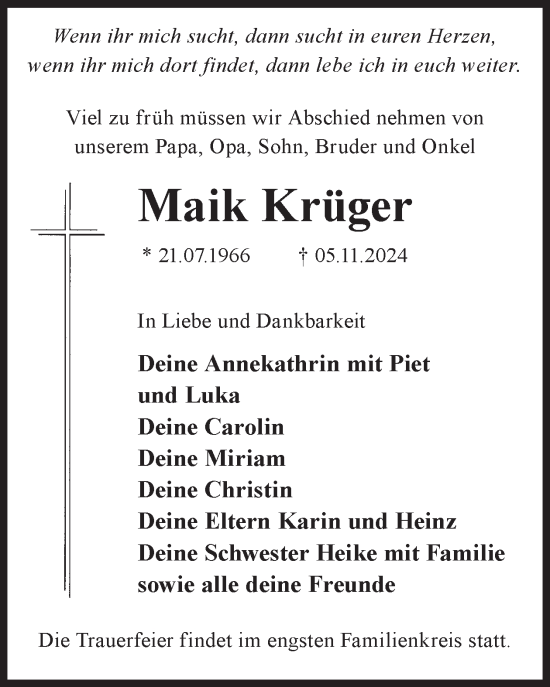 Traueranzeige von Maik Krüger von WochenKurier