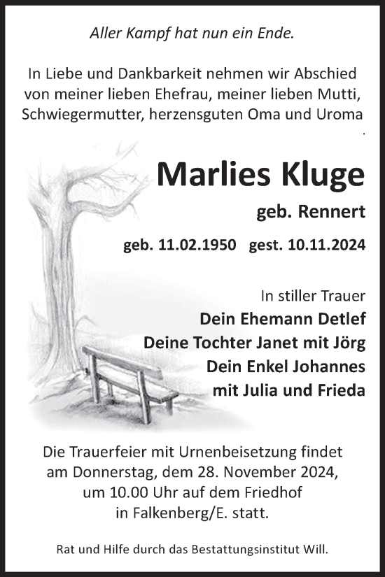 Traueranzeige von Marlies Kluge von WochenKurier