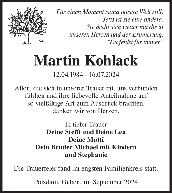 Traueranzeige von Martin Kohlack von WochenKurier