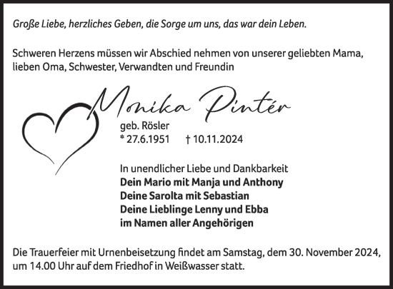 Traueranzeige von Monika Pintér von WochenKurier