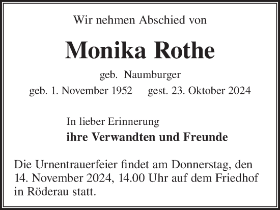 Traueranzeige von Monika Rothe von WochenKurier