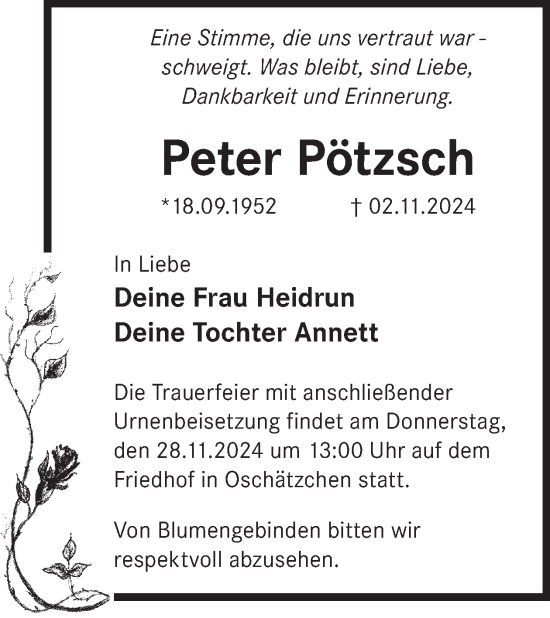 Traueranzeige von Peter Pötzsch von WochenKurier