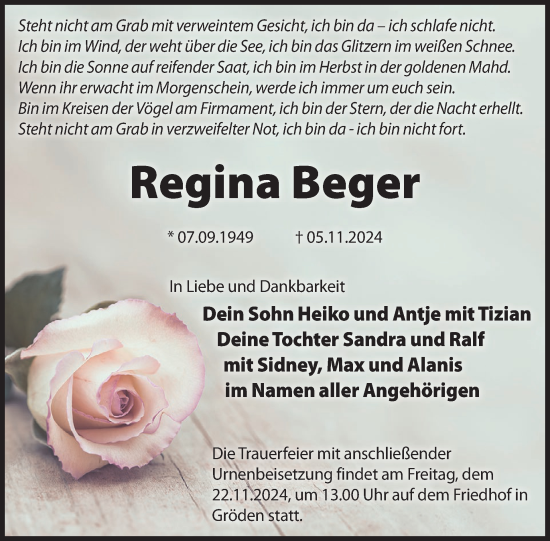 Traueranzeige von Regina Beger von WochenKurier