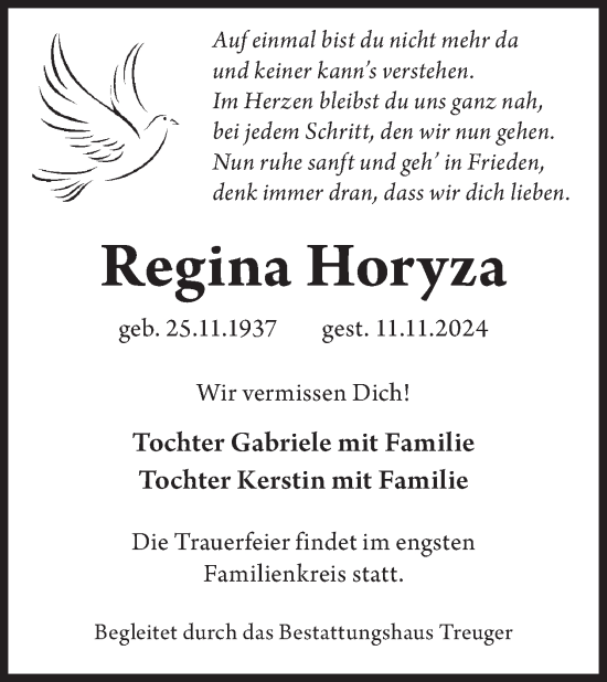 Traueranzeige von Regina Horyza von WochenKurier