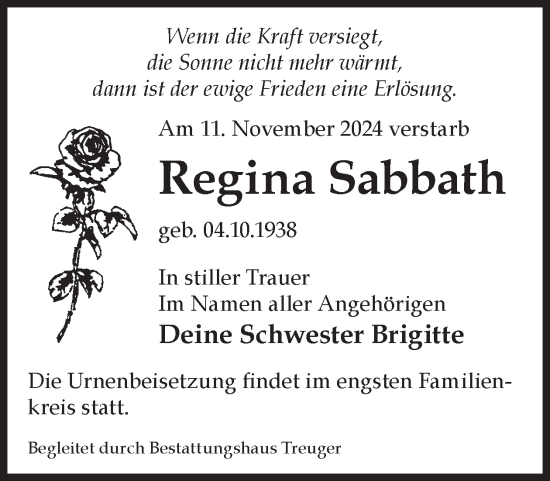 Traueranzeige von Regina Sabbath von WochenKurier