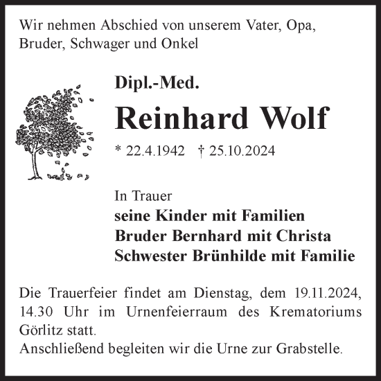 Traueranzeige von Reinhard Wolf von WochenKurier