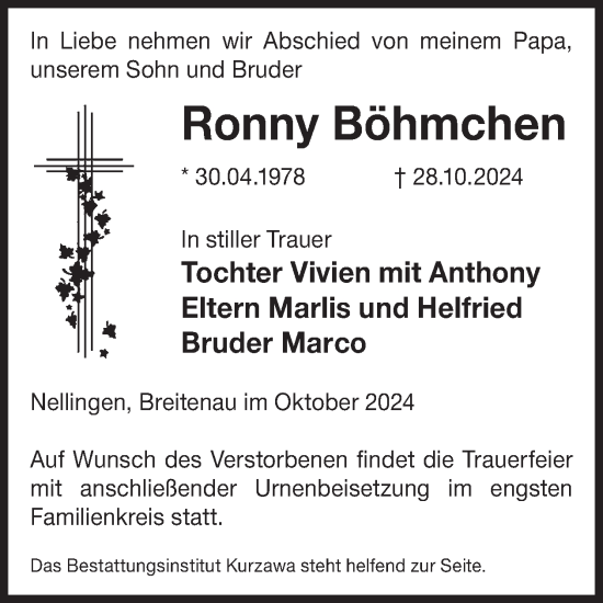 Traueranzeige von Ronny Böhmchen von WochenKurier