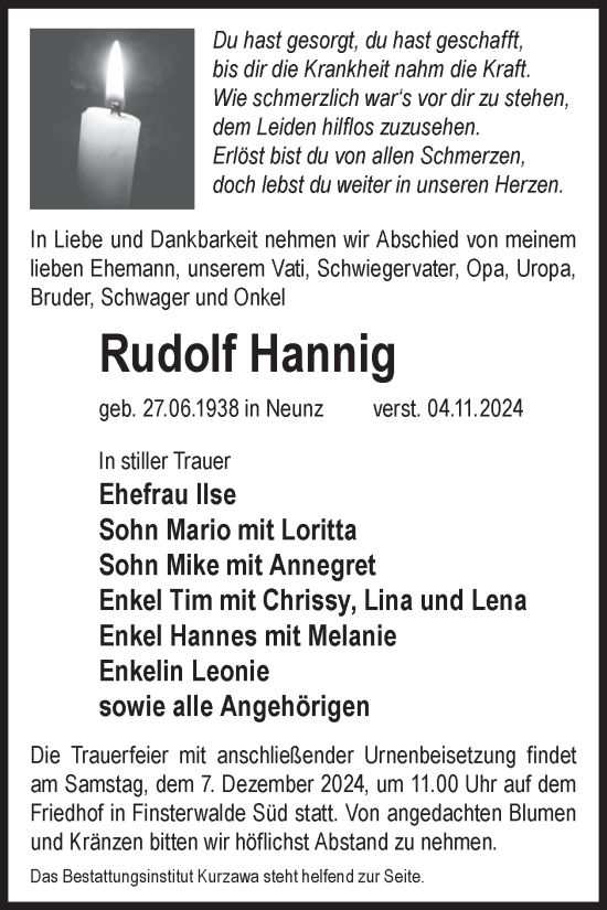 Traueranzeige von Rudolf Hannig von WochenKurier