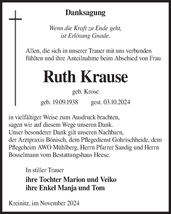 Traueranzeige von Ruth Krause von WochenKurier