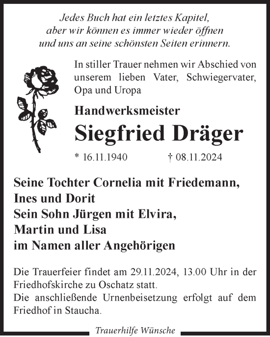 Traueranzeige von Siegfried Dräger von WochenKurier