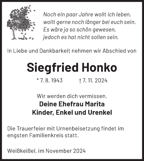 Traueranzeige von Siegfried Honko von WochenKurier