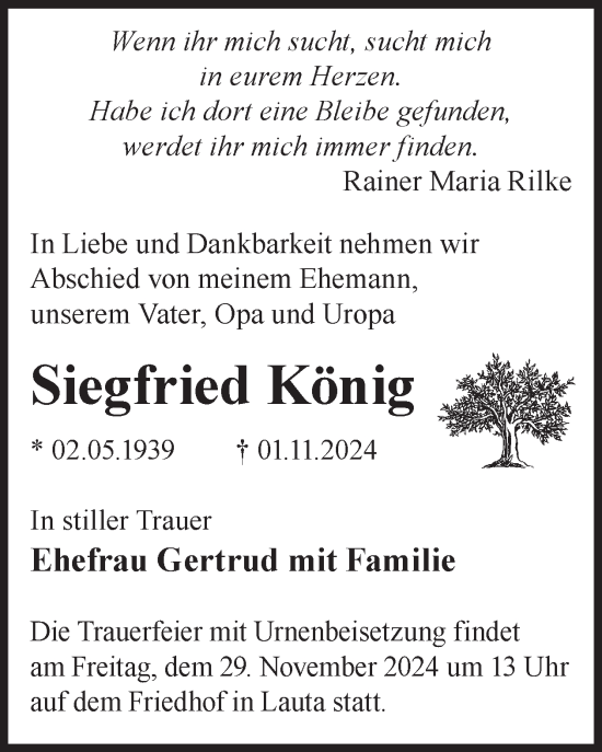 Traueranzeige von Siegfried König von WochenKurier