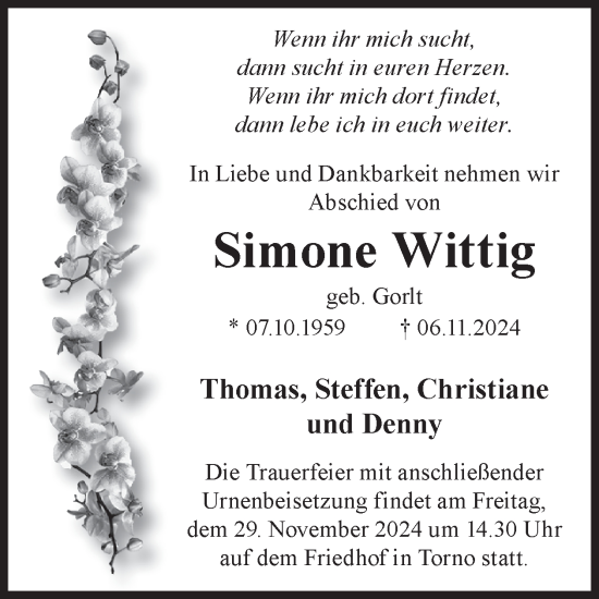 Traueranzeige von Simone Wittig von WochenKurier