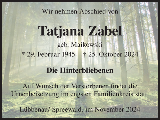 Traueranzeige von Tatjana Zabel von WochenKurier