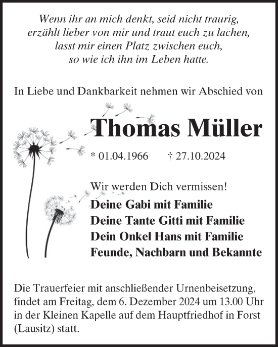 Traueranzeige von Thomas Müller von WochenKurier