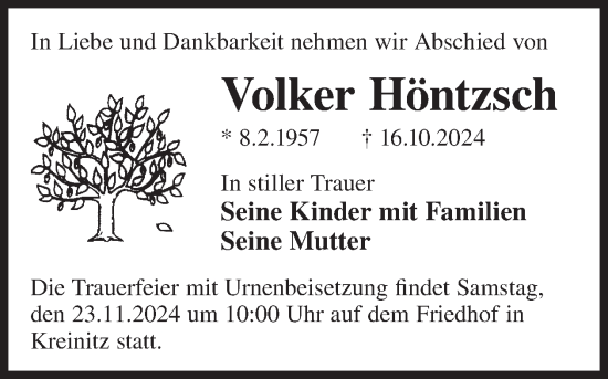 Traueranzeige von Volker Höntzsch von WochenKurier