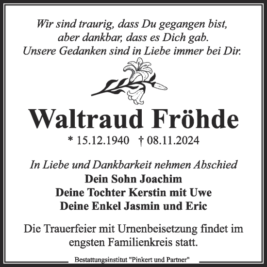 Traueranzeige von Waltraud Fröhde von WochenKurier