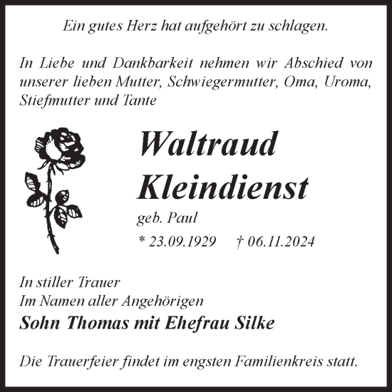 Traueranzeige von Waltraud Kleindienst von WochenKurier