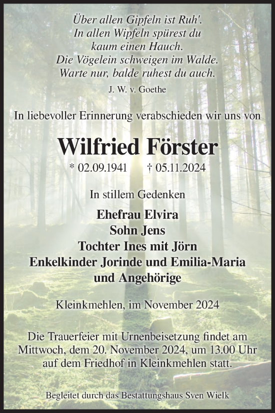 Traueranzeige von Wilfried Förster von WochenKurier