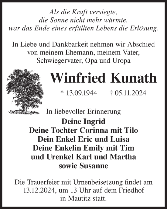 Traueranzeige von Winfried Kunath von WochenKurier