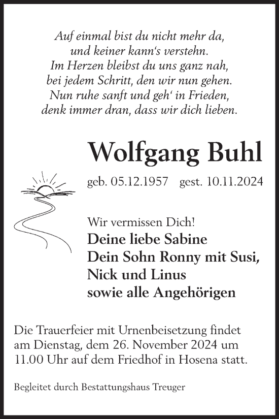 Traueranzeige von Wolfgang Buhl von WochenKurier