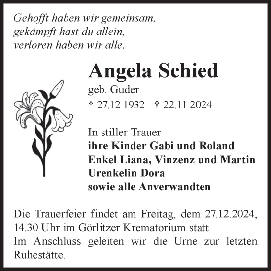 Traueranzeige von Angela Schied von WochenKurier