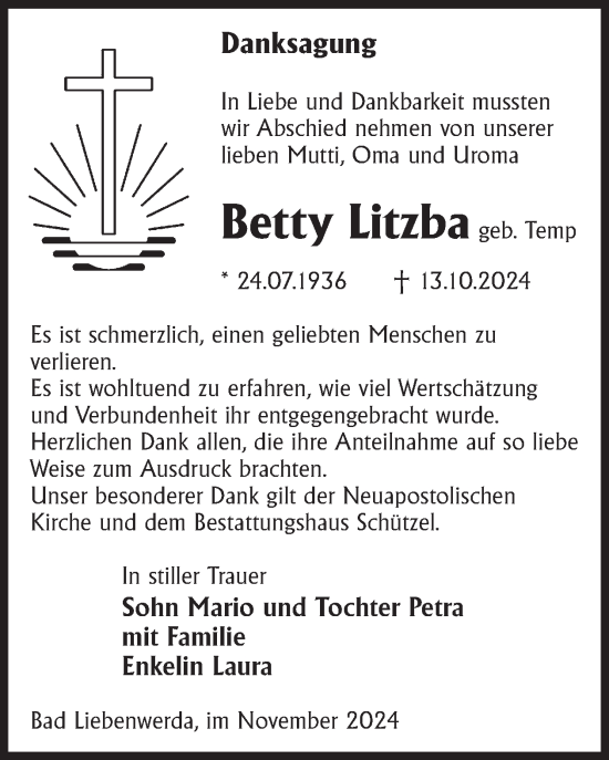 Traueranzeige von Betty Litzba von WochenKurier