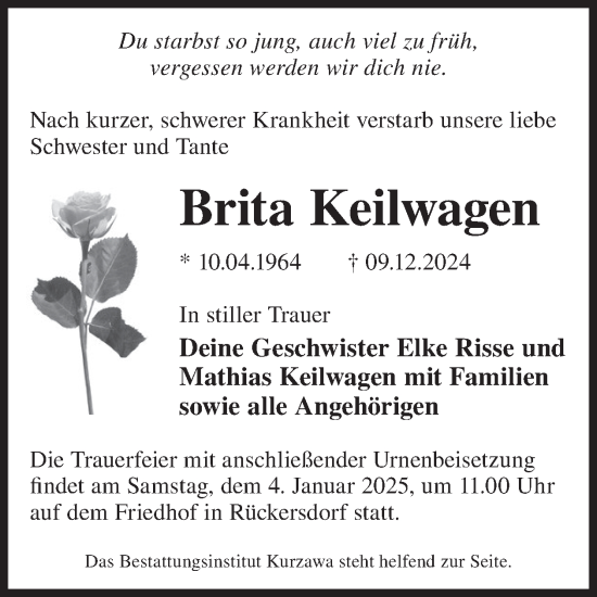 Traueranzeige von Brita Keilwagen von WochenKurier