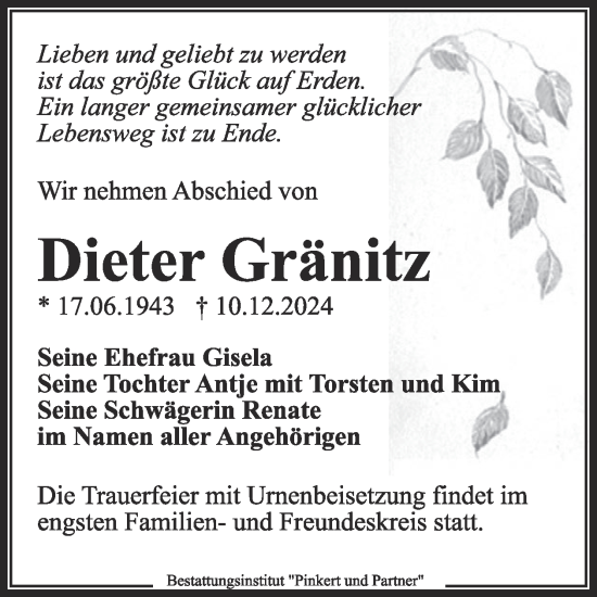 Traueranzeige von Dieter Gränitz von WochenKurier